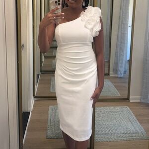 White Bridal One-Shoulder Dress with Floral Accent